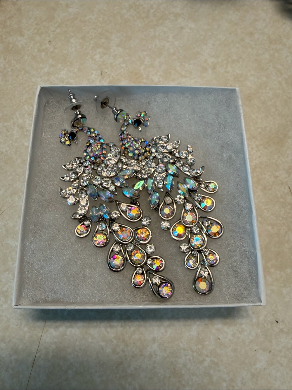 Rare Vintage Signed Kirks Folly Peacock Aurora Borealis Crystal Dangle Earrings